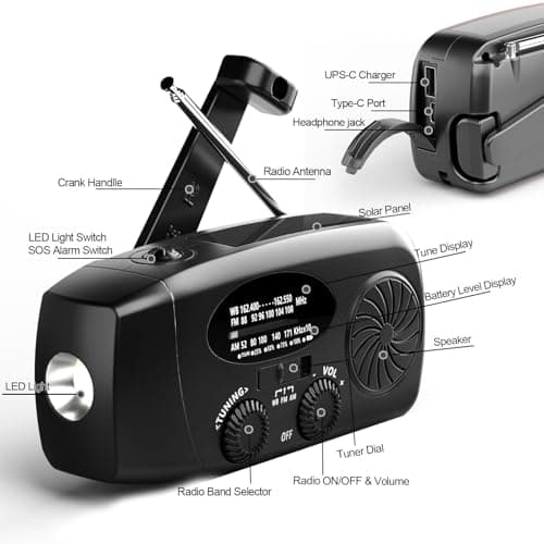 2000mAh Wind Up Solar Radio, Emergency Crank Weather AM/FM, Type-C — view 4