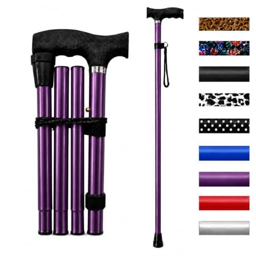 Life Healthcare Folding Walking Stick, Adjustable Aluminium Cane, Purple