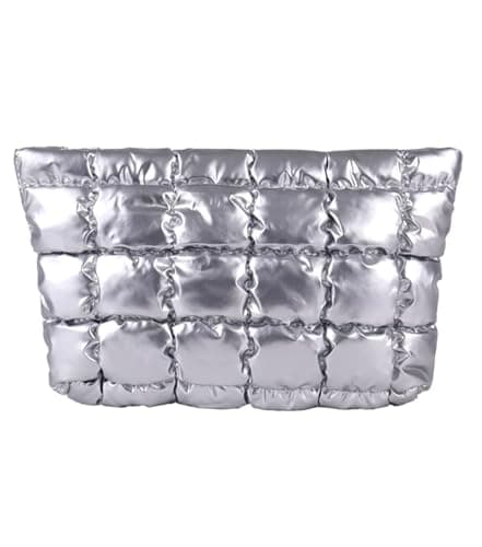 HFLZBRO Puffy Quilted Makeup Bag, Cosmetic Bag, Travel Toiletry Organizer Pouch, Clutch for Women (Silver)