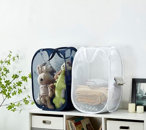 WEBEASY Laundry Basket, 1pc Pack Foldable Laundry Hamper Pop Up with Durable Handles, Portable Mesh Washing Laundry Bag with Handle Great for Home Kids Room College Dorm Travel (Navy) — view 3