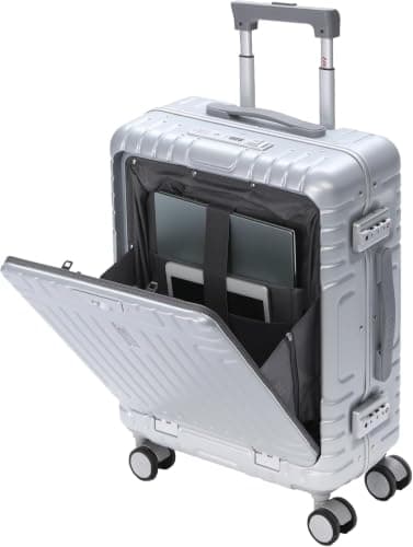 Aerolite Premium 55x40x20 No-Zip Cabin Suitcase with USB Charger Port & Front Laptop Pocket, Aluminium Frame Polycarbonate Hard Shell Carry On Luggage with TSA Lock, Fits Most Major Airlines Silver