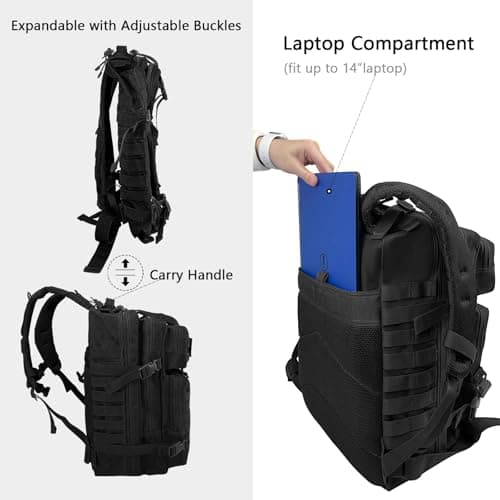 WOLT | Tactical Backpack for Men 45L Military Backpack Large 3 Day Molle Assault Pack Rucking Backpack for Survival Hiking, Black — view 5