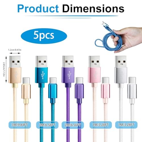 USB C Charger Cable, 5 Pack 1/1/2/2/3M, USB A to USB C Cable Fast Charge Nylon Braided Compatible with Samsung Galaxy S24/S23/S22/S21 Pixel PS5 Switch — view 2