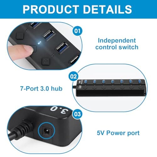 7 Port USB Hub 3.0, Multi USB Port Hub with Individual Power Switches and Led Indicators, High-Speed Multi Usb Port Splitter Adapter for PC, Laptop, Flash Drive, Keyboard, Mouse, Mobile, Usb Extender — view 3