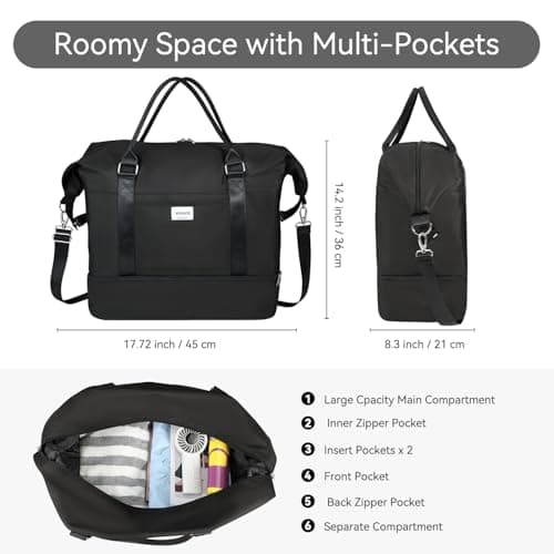 Voova Weekend Overnight Bag for Women, Large Travel Duffle with Shoes Compartment, Carry On Tote Bag with Toiletry 、Cosmetic Bag、Shoes 4 Pack Set for Ladies Gym, Hospital, Yoga, Black — view 2