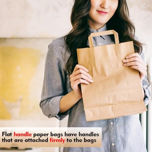 Tezraftaar® 100 x Paper Bags with Flat Handle 18cm x 23cm x 9cm (Small) Brown Kraft Carrier Bags for Carry Cloths Shopping Parties — view 3