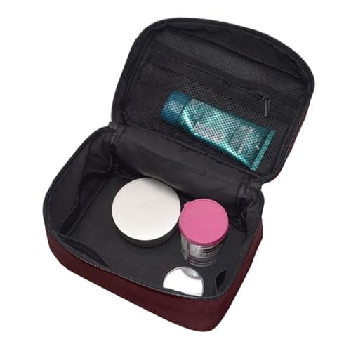 Maroon Travel Makeup Bag – Portable Toiletry Organizer with Zipped Compartments for Brushes, Bottles & Skincare — view 4