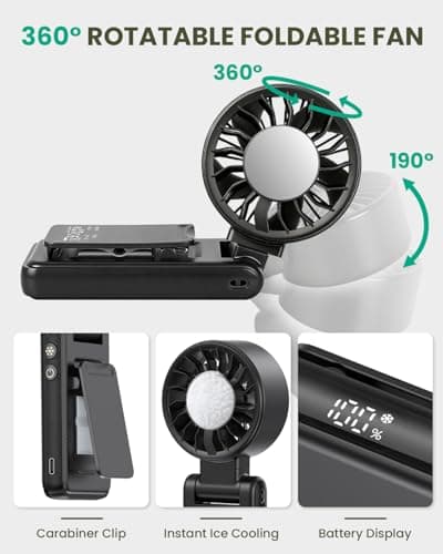Joneytech Portable Hand held Fans with Ice Cooler, Turbo hand Fan with High Speed and Rechargeable Battery, Foldable/Neck/Mini Desk Fan with Clip, 12 Hrs Cooling Fan Holiday Travel Essentials（Black） — view 6