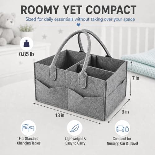 PandaEar Baby Diaper Caddy Organiser - Large Felt Nursery Storage Bin for Nappies & Wipes - Portable Car Travel Basket with 3 Adjustable Compartments & 5 External Pockets - Dark Grey — view 2