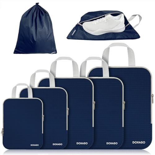 Doxaso Compression Packing Cubes Ultralight Expandable Suitcase Organizer Bags Water Repellent Travel Organizer for Backpack 7 PCS Dark Blue