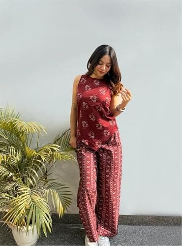 ONPEAK Women Printed Top and Bottom Set Casual Daily Wear Office Travel Stylish Outfit for Women, Maroon, L — view 3