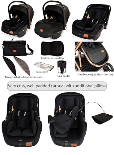Baby 3 in 1 Travel System Pram with Car Seat Stroller 3 in 1 Buggy Pushchair Child Lightweight Folding Stroller Pram for Newborns Toddlers from Birth (Black Silver Frame) — view 3