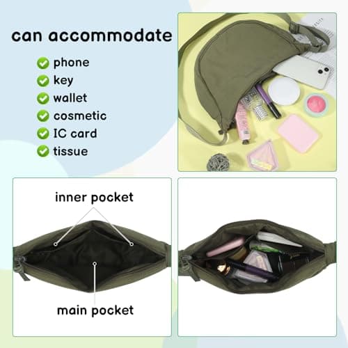 Firtink 2 Pack Crescent Bag for Women Men, Nylon Crescent Bags Dumpling Bag Hobos Crossbody Bags Purse with Adjustable Strap(olive green), ZHGC011399 — view 5
