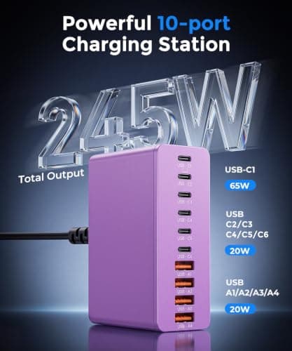 Roruite USB C Charging Station 10 Port with 4 Cables,245W GaN Charger Block — view 2