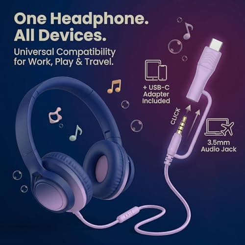 Zollexa Kids Wired Headphones, 85/94dB, Mic, USB-C Adapter, Midnight Blue — view 2