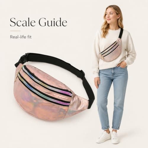 Fashion Metallic Bum Bag,Holographic Waist BagFanny Double Zipper Belt Bag Festival Rave Bumbags Waterproof Hip Pouch for Women Ladies Girls Travel Party Festival Sports Outdoor (Champagne Color) — view 2