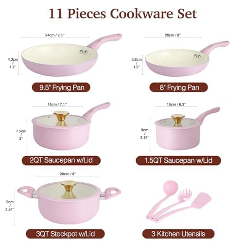 M MELENTA Pots and Pans Set Non Stick, 11-Piece Pink Induction Hob Pan Set — view 2