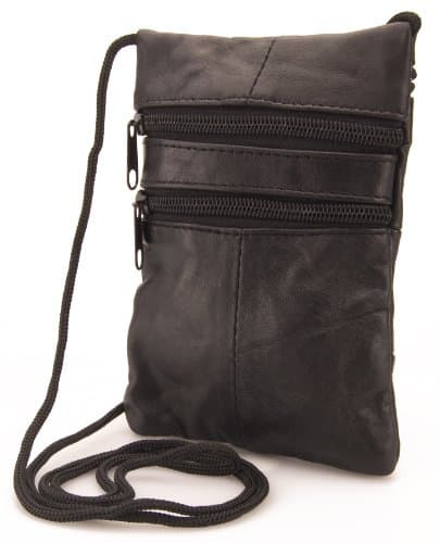 Genuine Soft Leather Neck Passport Holder/Pouch and Purse (Black)
