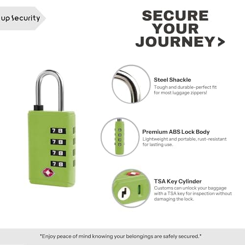 UP Security TSA Locks for Luggage, Small Combo Lock for Suitcase, 4 Digit Combination Lock for Outdoor, Gym Locker, Cabinet, Gun Case, Travel Safe Padlock with Code for Backpack, Bag Zipper (Green) — view 5
