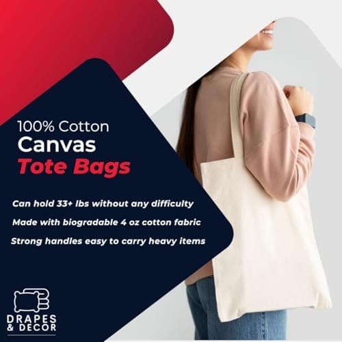 Cotton Canvas Plain Tote Bags to Decorate in Bulk Pack of 10, 100% Natural Cotton Premium 145gsm (5 Oz.) Fabric Blank Reusable Large Canvas bag -38 X 42 cm+65cm long Handles (Pack of 10-Natural) — view 4
