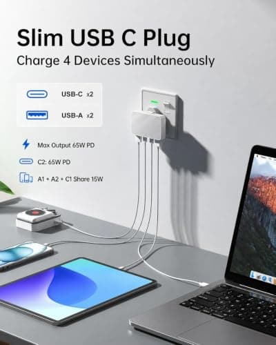 USB C Plug Flat 65W PD&15W,4-Port USB Charger Multi-Port Wall Charging Slim — view 2