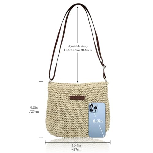 Bototack Straw Bag for Women, Small Summer Beach Crossbody Bag with Zipper and Adjustable Strap, Bohemian Weave Handmade Shoulder Handbags for Holiday Beach Travel (beige) — view 6