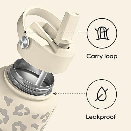 Bryxora Insulated Water Bottle with Straw Lid (800ml) - 24 Hours Cold - Iced for 48 Hours - Leakproof - BPA Free - Easy to Carry - Vacuum Insulated Double Walled Stainless Steel Flask (Cream Leopard) — view 4