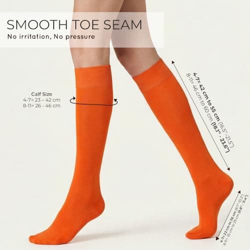 Mysocks Orange Knee High Socks for Women Men Girls - Seamless Toe Plain Long Knee Length Socks - Breathable Cotton Tall Sock Stockings Orange,8-11 — view 2