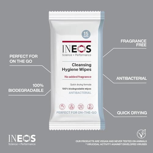 INEOS Cleansing Hygiene Wipes x15, Fragrance Free, Antibacterial, Biodegradable, Perfect For On-The-Go, Packaging May Vary, Packaging May Vary (Pack of 5) — view 2