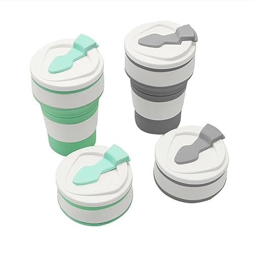 Accmuzzy 2 Pack Collapsible Cup with Lid, Foldable Travel Mug for Hot Drinks, Coffee Cup, Personalised, Picnic, Camping, Hiking, Office (1 Grey 1 Blue)