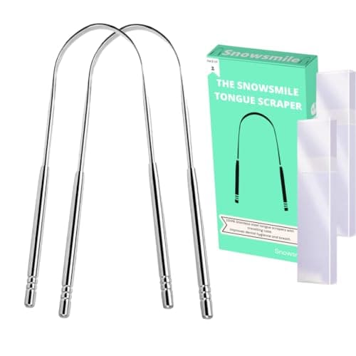 Tongue Scraper for Adults 2 Pcs with Cases Snowsmile (Oral Care Pack) Stainless Steel Tongue Cleaners Reduce Bad Breath 100% Metal Tough Scrapers Men and Women Hygiene Product with Travel case