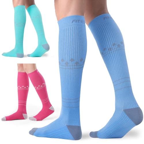 FITRELL 3 Pairs Compression Socks for Women and Men 20-30 mmHg Travel Flight Socks Medical Knee High Socks for Sport, Flying, Carers, Nurse, Pregnant Women, Varicose Veins, Mint Green+Pink+Blue, L/XL