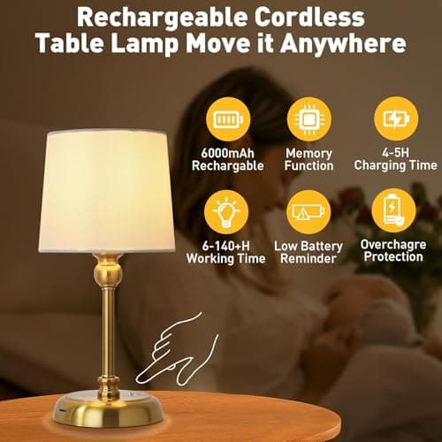 Rechargeable Cordless Table Lamp, 6000mAh Battery Bedside Lamp with Touch Dimming & Brightness Memory, Portable LED Lamp, Warm 2700K Small Dimmable Lamps for Bedroom, Living Room, Indoor - Gold — view 2