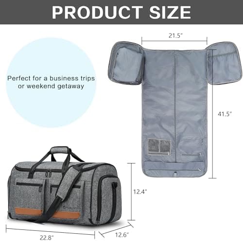 TUGUAN Convertible Garment Duffle Bags for Travel, Carry on Garment Duffel Bag Backpack for Men Women, 3 in 1 Large Suit Travel Bag with Shoe Compartment & Back Straps for Weekend Luggage, Grey — view 6