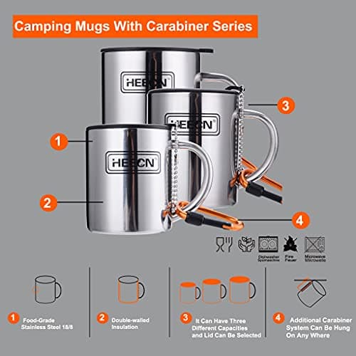HEECN Camping Mugs - Double Walled Stainless Steel Mug for Hot Drinks with Lid and Carabiner - Backpacking - Trekking - Hiking - HESS038BBK330 — view 6