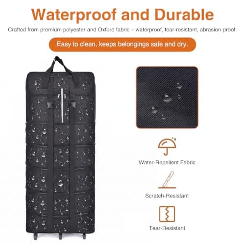 Foldable Rolling Duffel Bag with 6 Wheels, 61-185L Expandable Large Suitcase, Waterproof Collapsible Luggage, Suitcase Collapsible Rolling Travel Duffle Bag for Camping, Holiday, Black — view 3