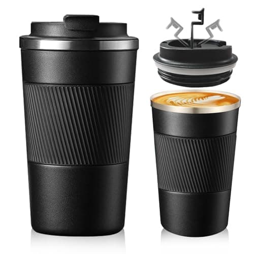 Senshuomy Travel Mug, Insulated Coffee Cup with Leakproof Lid (Black 380ml)