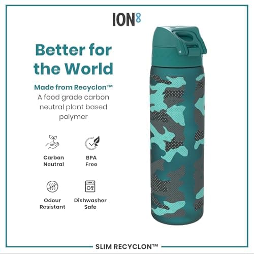 Ion8 Water Bottle, 500ml/18oz, Slim Leak Proof & BPA-Free Drinking Bottle, Secure Lock Prevents Spills, Dishwasher Safe, Carry Handle, Ideal for Adults & Kids - Travel, Gym & School, Aqua, Camo — view 6