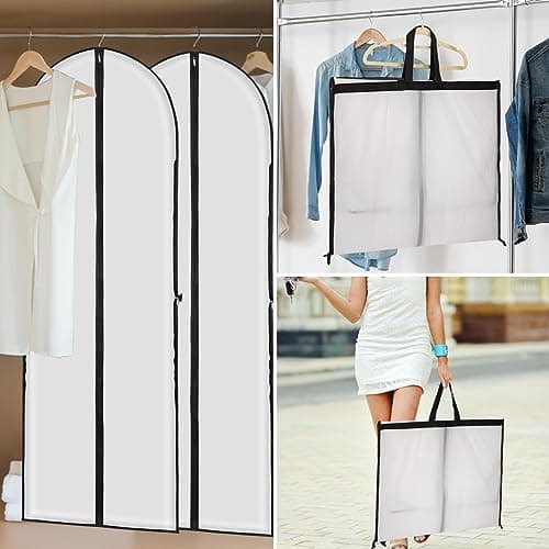 3 Pack Long Dress Covers Garment Storage Bags, 180cmx60cm Wedding Dress Covers for Storage and Travel, Full Length Foldable Washable Clothes Cover with Handles, for Gowns, Coats, Suit Carrier, White — view 2