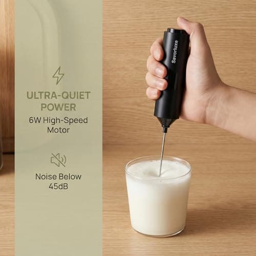 Savorluxe Electric Milk Frother - Stainless Steel Egg Beater - Portable Battery-Powered Handheld Milk Frother, Suitable for Lattes, Cappuccinos, Matcha & More - with Dust Cover, Matte Black & Silver — view 6