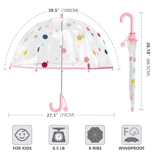 Kids Bubble Umbrella - Transparent Dome Canopy for Children's Safety | Windproof & Auto-Open Design | Toddler Umbrella for Girls & Boys (Pink Dots) — view 3