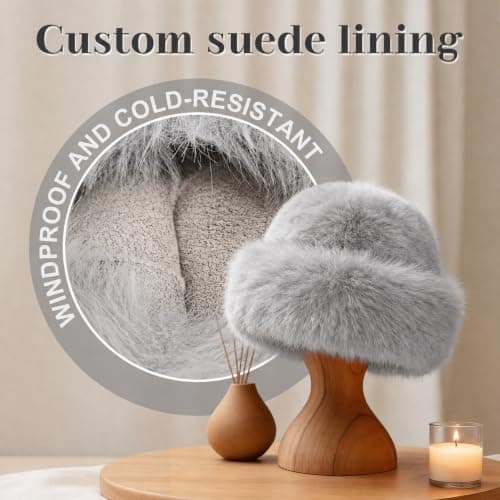 Faux Fur Bucket Hat for Women, Russian Style Winter Fluffy Fuzzy Ladies Hats Travel Hiking Work Home, Chapeau Fourrure Femme Winter Fashion Gift (Grey) — view 6