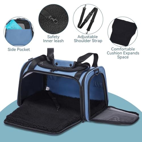 PETSFIT Cat Carrier with Extendable Fleece Mat, Pet Carrier Airline Approved，Cabin Size for Travel, Vet Visit Up to 12 Lbs (44 * 26.5 * 27CM, Blue) — view 2