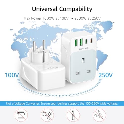 3 Pack European Plug Adapter, UK to European Plug Adaptor with PD 35W Fast Charging USB C Port and 2 USB A Ports European Plug Travel Adapter for Germany/France/Spain/Portugal/Poland(Type E/F) — view 6