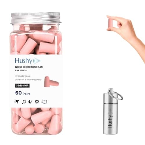 Hushy Premium Foam Earplugs for Sleep, 120-Pack, 38dB SNR Noise Cancelling Ear Plugs, Ultra Soft Hypoallergenic Earplugs for Sleeping, Study & Travel with Carry Case (Pink)