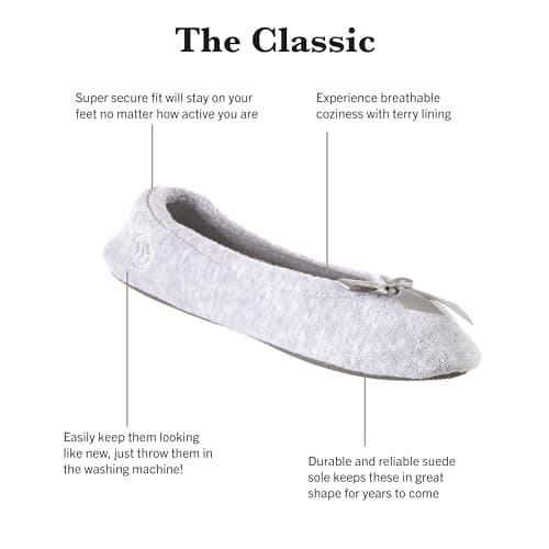 Isotoner Women's 2 Pack Mictroterry Ballerina Slipper with a Satin Bow, Light Grey Quilted, Navy Blue Solid, 6.5-7.5 — view 2