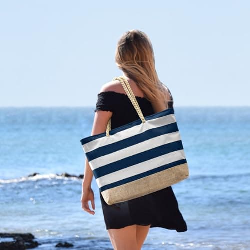 oscaurt Large Beach Bag for Women Waterproof Beach Tote Bag with Zip Holiday Essentials for Women Travel Canvas Shoulder Summer Essentials Pool Shopping — view 2