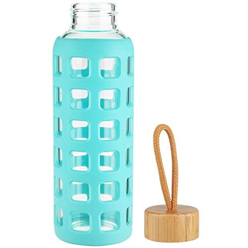 Cleesmil Sports Glass Water Bottle with Silicone Sleeve with Bamboo Lid BPA Free 660 ml (Aqua Blue) — view 5