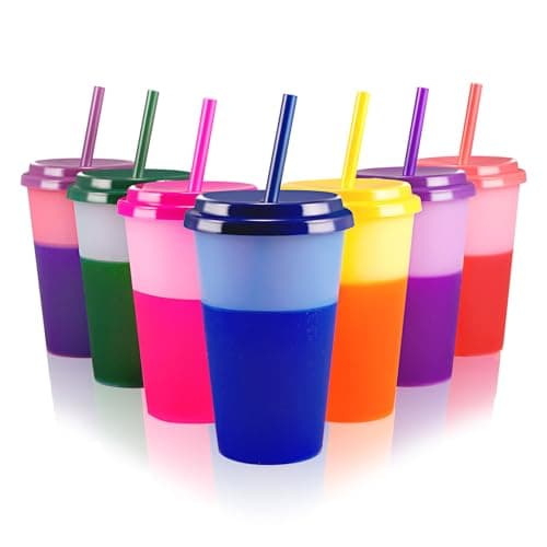 7 Pcs 12 oz Colour Changing Cups Reusable Tumblers with Lids and Straws