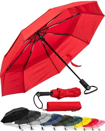 Ergonauts Travel Umbrella Windproof Vented Double Canopy – Teflon Coating, Ergonomic Handle & Protective Sleeve – Portable Compact Foldable Lightweight Design and High Wind Resistance (Red)